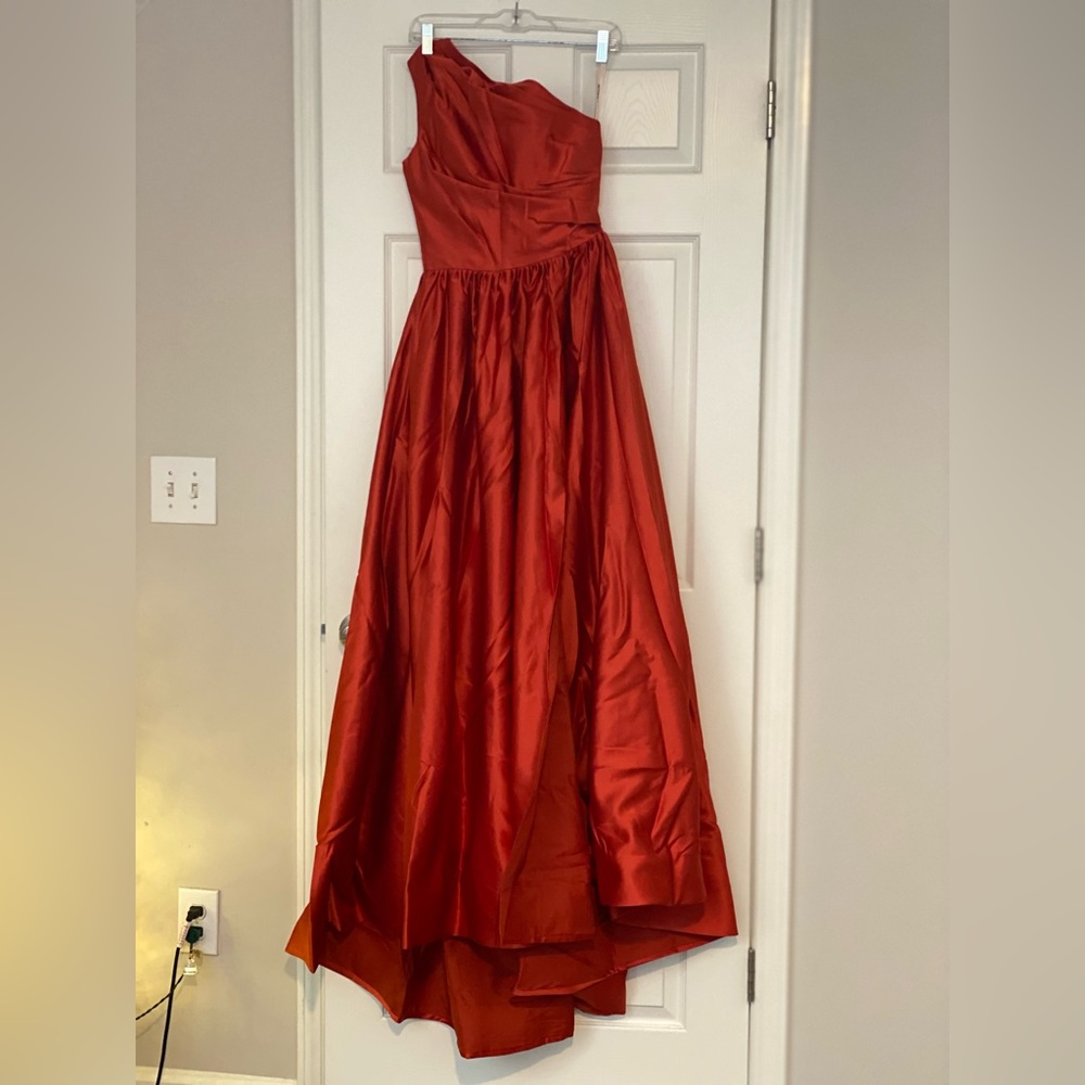 One Shoulder Burnt Orange Slit Dresss